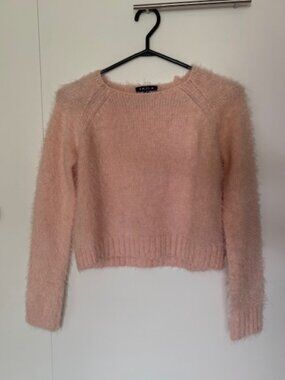 Light Pink Long-Sleeved Hairy-Knit Cropped Fuzzy Sweater from UK2LA